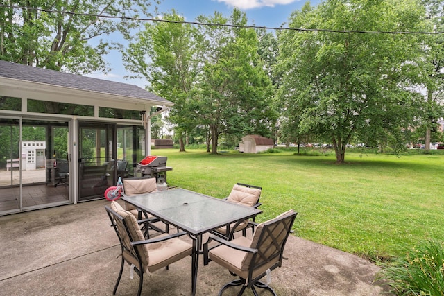 6853 Cedar Brook Pl, New Albany, OH 43054 - view of patio with outdoor dining area, a storage shed, a sunroom, and grilling area