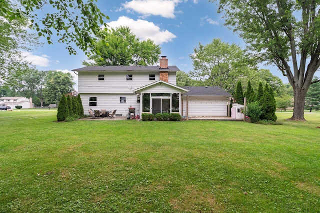 6853 Cedar Brook Pl, New Albany, OH 43054 - rear view of property featuring a sunroom, a chimney, a patio, and a lawn