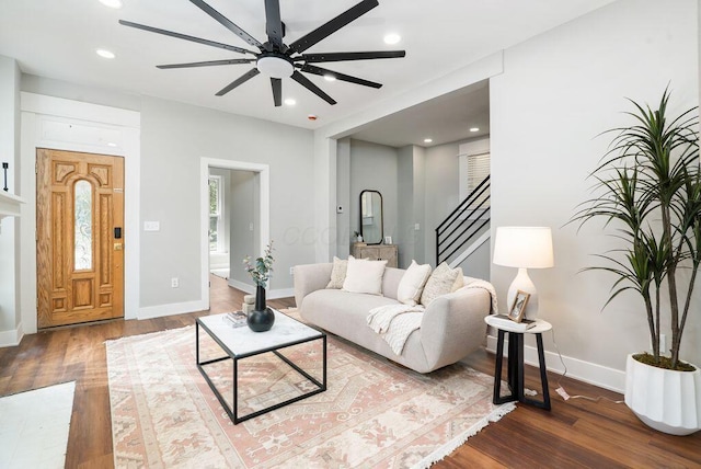 994 Harrison Ave, Columbus, OH 43201 - living area featuring wood finished floors, ceiling fan, stairs, and recessed lighting