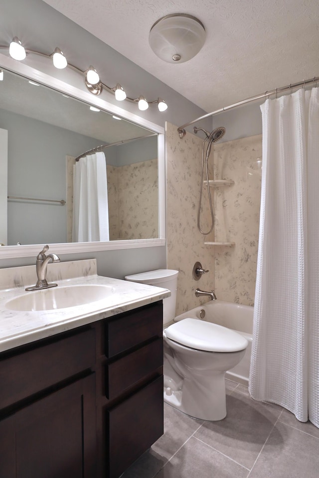 2253 Otter Ln, Dublin, OH 43016 - bathroom with vanity, shower / bathtub combination with curtain, tile patterned flooring, and a textured ceiling