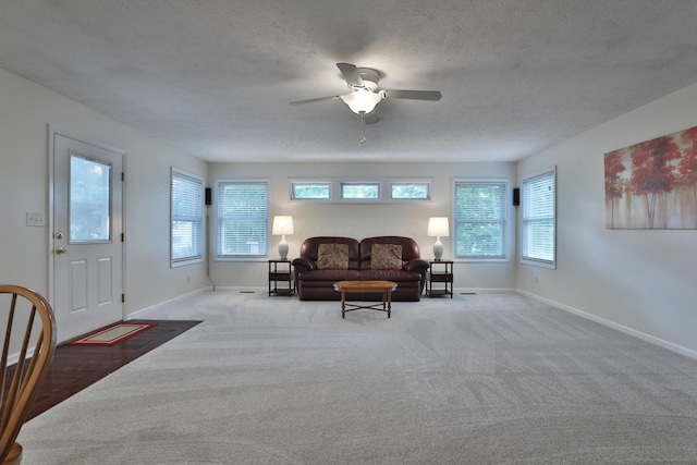 2253 Otter Ln, Dublin, OH 43016 - carpeted living room featuring a ceiling fan, plenty of natural light, and a textured ceiling