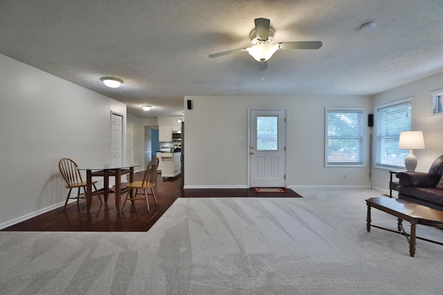 2253 Otter Ln, Dublin, OH 43016 - dining space with dark carpet, a textured ceiling, and a ceiling fan