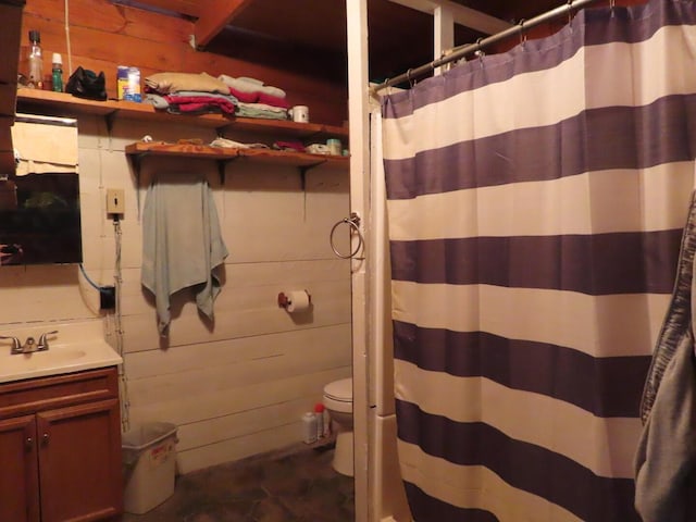 485 Springer Rd, Chillicothe, OH 45601 - full bath with wooden walls, vanity, and a shower with shower curtain