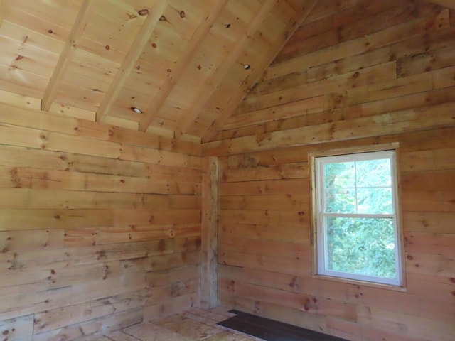 485 Springer Rd, Chillicothe, OH 45601 - empty room with a wood ceiling with exposed beams, wood walls, and high vaulted ceiling