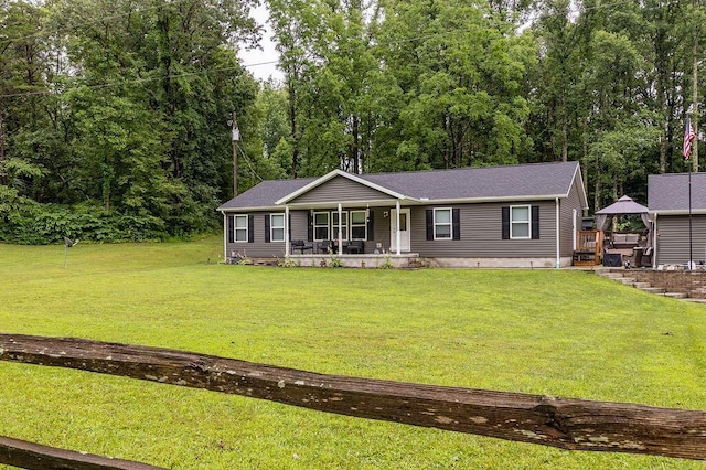 19366 Laurel Run Rd, Nelsonville, OH 45764 - ranch-style home with a porch, a front yard, and roof with shingles
