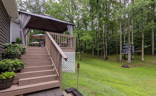19366 Laurel Run Rd, Nelsonville, OH 45764 - view of grassy yard featuring a gazebo, stairway, and a wooden deck