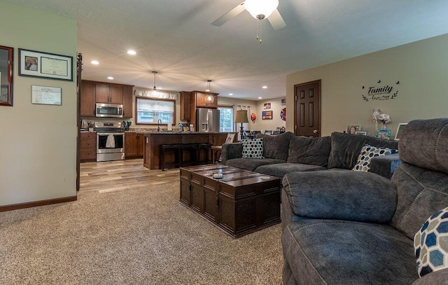 19366 Laurel Run Rd, Nelsonville, OH 45764 - living area featuring light colored carpet, recessed lighting, and a ceiling fan