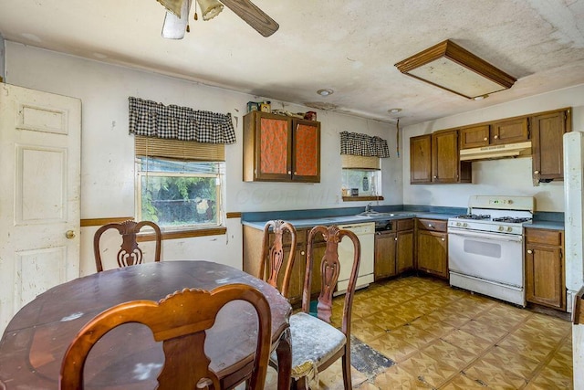 4747 Basil Ln, Cincinnati, OH 45238 - kitchen featuring white appliances, under cabinet range hood, brown cabinets, and a ceiling fan
