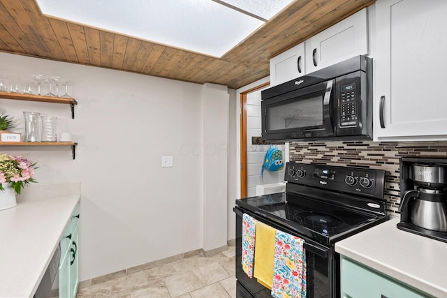 2387 Sutter Pkwy, Dublin, OH 43016 - kitchen with black appliances, decorative backsplash, white cabinetry, light countertops, and wooden ceiling