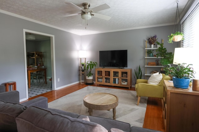 5081 Mengel Ln, Hilliard, OH 43026 - living room with wood finished floors, a ceiling fan, crown molding, and a textured ceiling