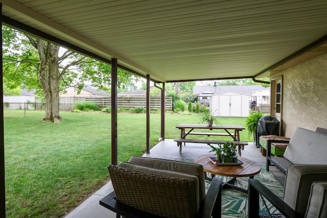 5081 Mengel Ln, Hilliard, OH 43026 - view of patio / terrace featuring a storage unit, an outdoor hangout area, and grilling area