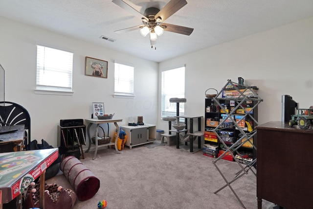 322 Honeysuckle St, South Bloomfield, OH 43103 - playroom featuring ceiling fan, carpet floors, and a textured ceiling