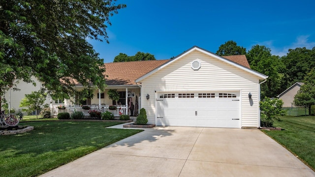 405 Meadowland Dr, Newark, OH 43055 - ranch-style house featuring a front lawn, a garage, a porch, concrete driveway, and a shingled roof