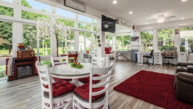 405 Meadowland Dr, Newark, OH 43055 - sunroom featuring ceiling fan, wood finished floors, recessed lighting, wood ceiling, and outdoor dining space
