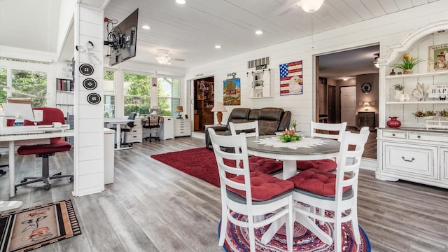 405 Meadowland Dr, Newark, OH 43055 - dining space featuring ceiling fan, a desk, wood finished floors, wooden ceiling, and recessed lighting