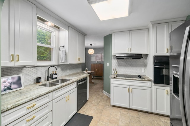 67 Aldrich Rd, Columbus, OH 43214 - kitchen featuring black appliances, backsplash, white cabinets, under cabinet range hood, and light stone countertops