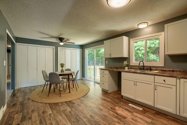 368 Mingo Rd, Chillicothe, OH 45601 - kitchen with dark countertops, ceiling fan, white cabinetry, dark wood-style flooring, and a textured ceiling