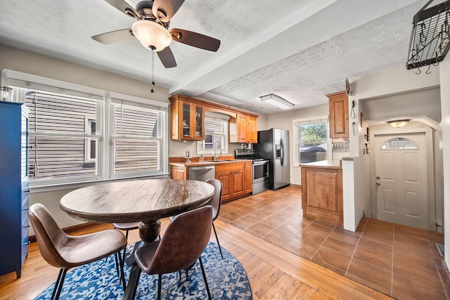 1467 Melrose Ave, Columbus, OH 43224 - dining room featuring a ceiling fan, a textured ceiling, and light wood-type flooring
