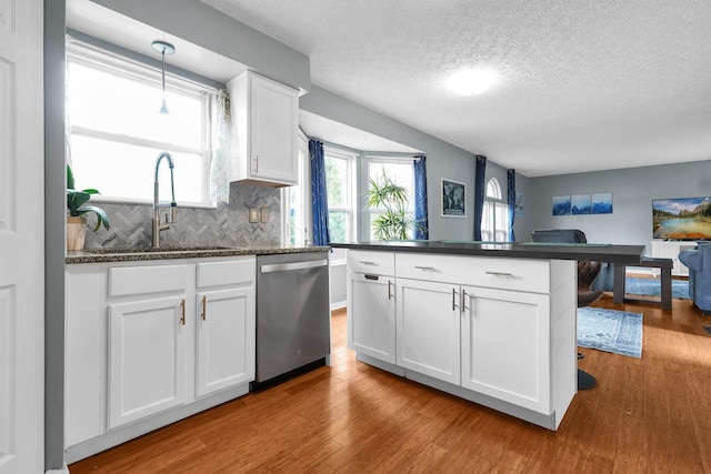 5683 Levi Kramer Blvd, Canal Winchester, OH 43110 - kitchen with dishwasher, light wood-type flooring, white cabinets, a textured ceiling, and decorative backsplash