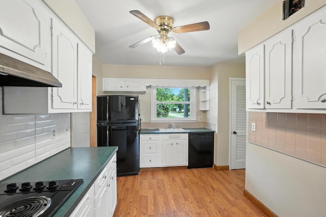 899 Meadowview Dr, Columbus, OH 43224 - kitchen featuring black appliances, white cabinets, a ceiling fan, light wood finished floors, and tasteful backsplash