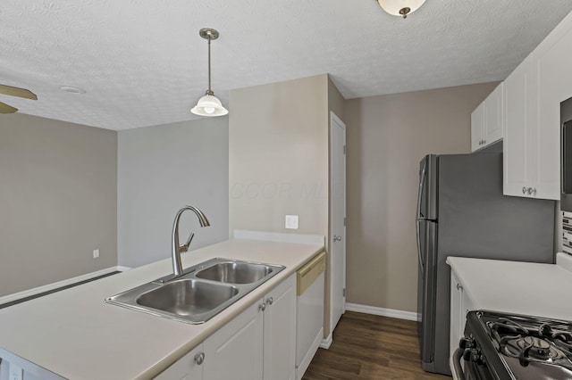 6658 Lagrange Dr Unit 43E, Canal Winchester, OH 43110 - kitchen with a peninsula, white dishwasher, white cabinets, dark wood-style floors, and a textured ceiling