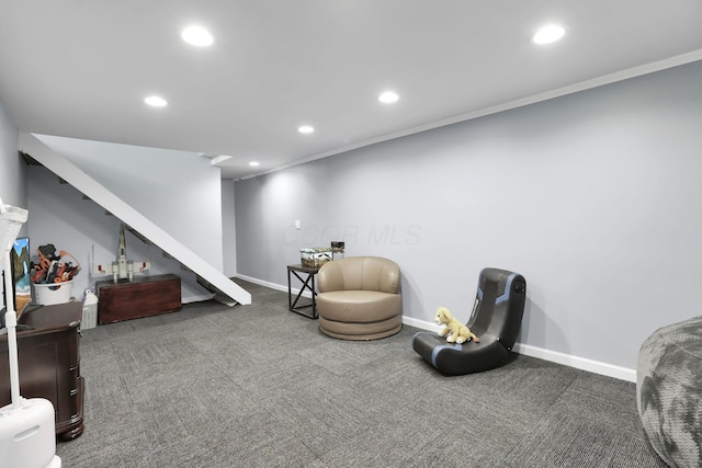 664 Dukewell Pl, Galloway, OH 43119 - sitting room with stairway, recessed lighting, ornamental molding, and carpet flooring