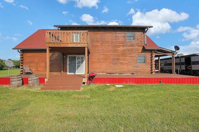 8713 State Route 207, Mount Sterling, OH 43143 - rear view of property featuring log exterior, a lawn, and a balcony