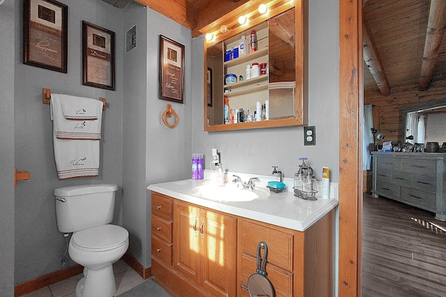 8713 State Route 207, Mount Sterling, OH 43143 - bathroom featuring vanity, a wood ceiling with exposed beams, and wood finished floors