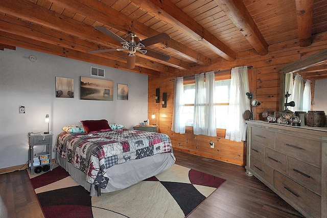 8713 State Route 207, Mount Sterling, OH 43143 - bedroom with wood walls, dark wood finished floors, and a wooden ceiling with exposed beams