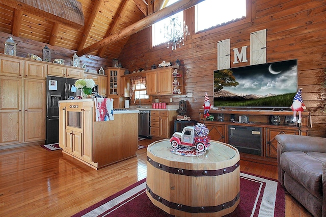 8713 State Route 207, Mount Sterling, OH 43143 - living room featuring wood walls, a wooden ceiling with exposed beams, high vaulted ceiling, light wood-style floors, and a chandelier