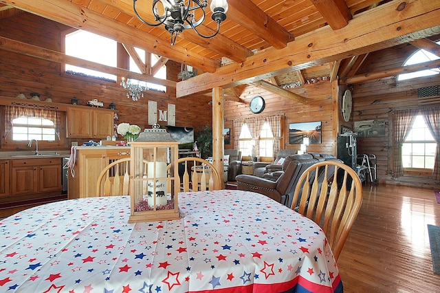 8713 State Route 207, Mount Sterling, OH 43143 - dining room with a chandelier, wooden walls, plenty of natural light, hardwood / wood-style floors, and wooden ceiling