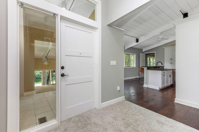 2109 W 5th Ave Unit C, Grandview Heights, OH 43212 - entrance foyer with wooden ceiling, dark wood-style flooring, and a ceiling fan