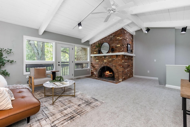 2109 W 5th Ave Unit C, Grandview Heights, OH 43212 - living room featuring a brick fireplace, carpet, a ceiling fan, and wooden ceiling