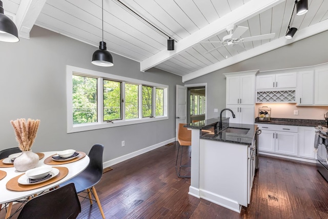 2109 W 5th Ave Unit C, Grandview Heights, OH 43212 - kitchen featuring dark wood-type flooring, wooden ceiling, ceiling fan, white cabinetry, and dark stone counters