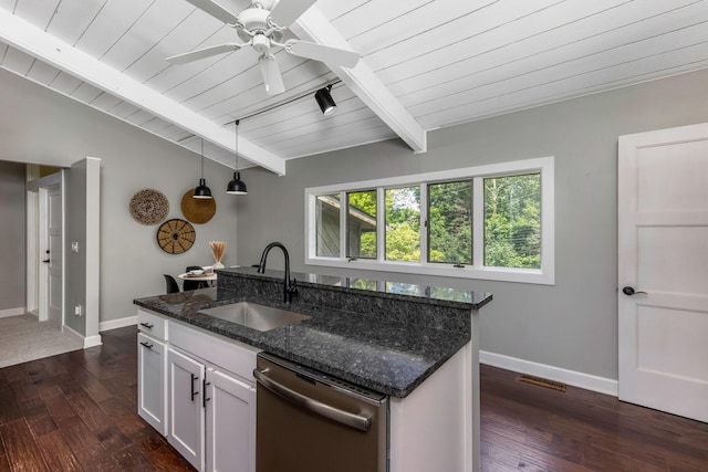 2109 W 5th Ave Unit C, Grandview Heights, OH 43212 - kitchen with stainless steel dishwasher, wood ceiling, dark wood-style flooring, decorative light fixtures, and white cabinets