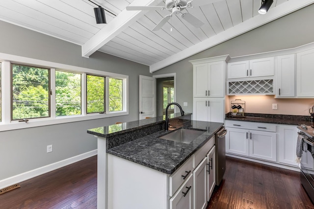 2109 W 5th Ave Unit C, Grandview Heights, OH 43212 - kitchen featuring wood ceiling, dark wood-style flooring, white cabinetry, a center island with sink, and dark stone counters