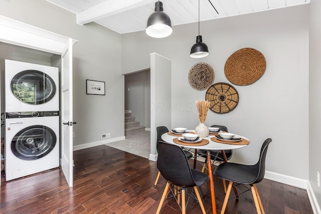 2109 W 5th Ave Unit C, Grandview Heights, OH 43212 - dining area featuring stacked washer / drying machine, beam ceiling, stairway, and wood finished floors