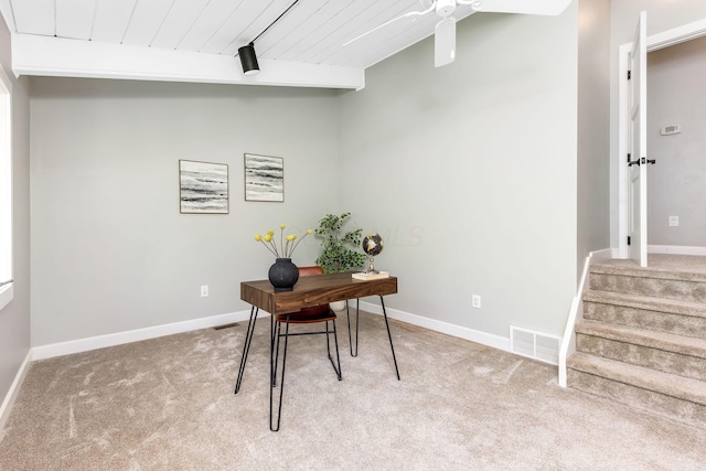 2109 W 5th Ave Unit C, Grandview Heights, OH 43212 - office space with light colored carpet, a ceiling fan, and a wooden ceiling with exposed beams