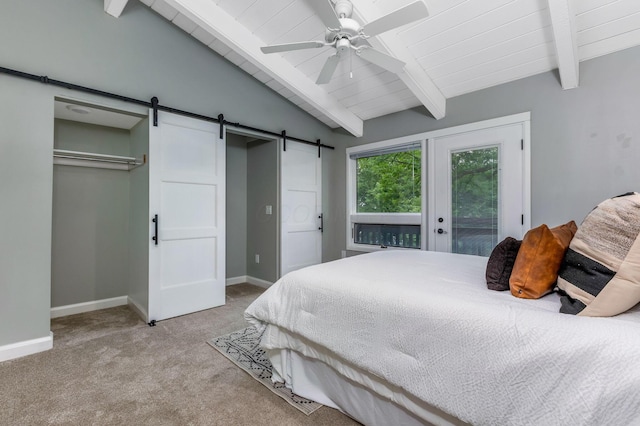 2109 W 5th Ave Unit C, Grandview Heights, OH 43212 - bedroom with a barn door, light colored carpet, access to exterior, wooden ceiling, and a ceiling fan