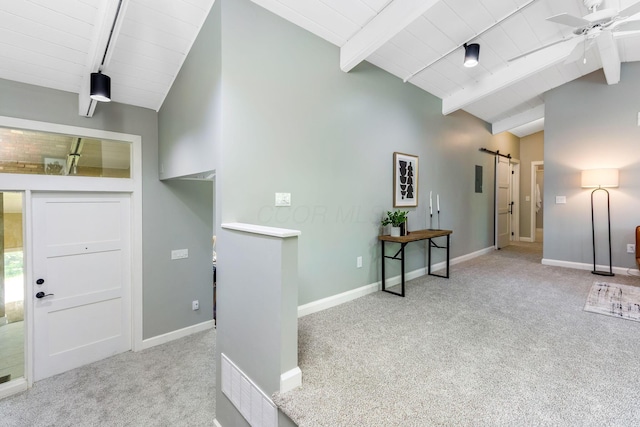 2109 W 5th Ave Unit C, Grandview Heights, OH 43212 - carpeted entrance foyer with a barn door, a ceiling fan, and wooden ceiling
