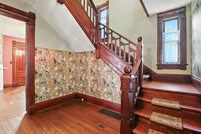 366 Hudson Ave, Newark, OH 43055 - staircase featuring wood-type flooring and vaulted ceiling