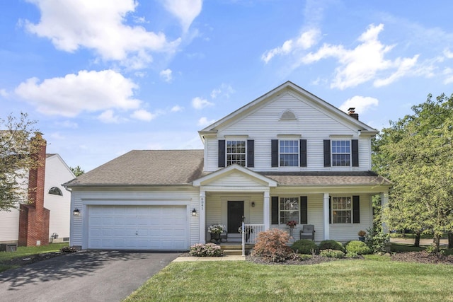 6041 Tetlin Field Dr, New Albany, OH 43054 - traditional-style home with a porch, asphalt driveway, an attached garage, a front yard, and a chimney