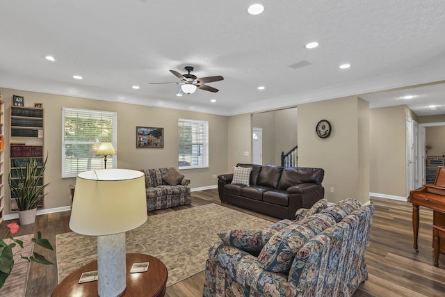 6041 Tetlin Field Dr, New Albany, OH 43054 - living room with stairs, crown molding, a ceiling fan, wood finished floors, and recessed lighting