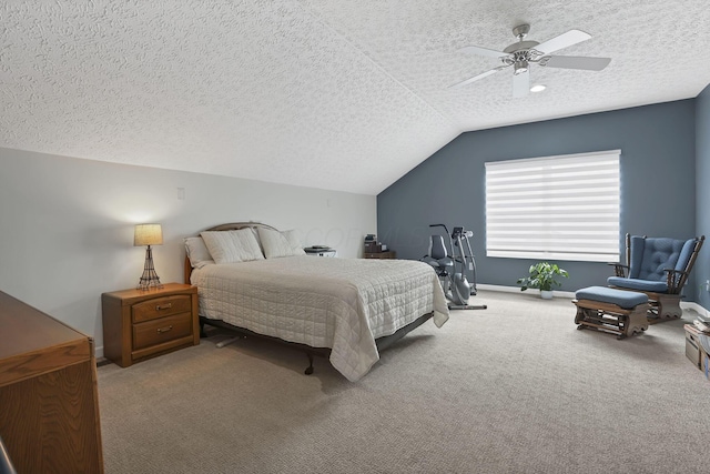 6041 Tetlin Field Dr, New Albany, OH 43054 - carpeted bedroom with a textured ceiling, lofted ceiling, and a ceiling fan