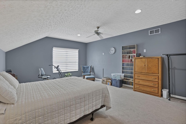 6041 Tetlin Field Dr, New Albany, OH 43054 - carpeted bedroom with a textured ceiling, vaulted ceiling, and ceiling fan