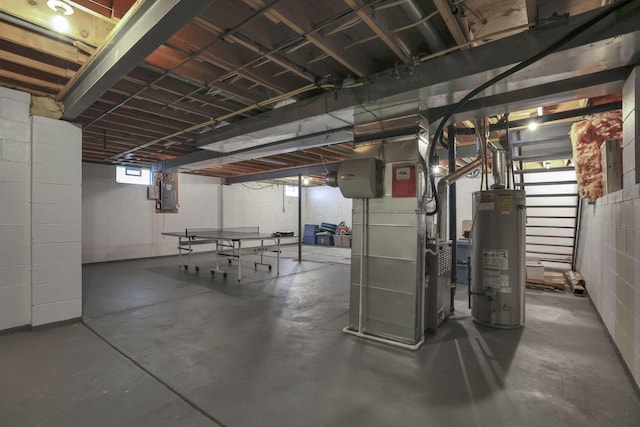 6041 Tetlin Field Dr, New Albany, OH 43054 - basement featuring water heater, heating unit, concrete block wall, and electric panel