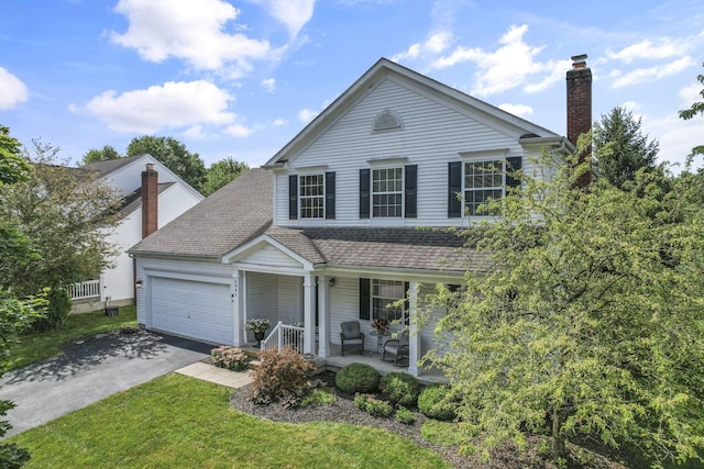 6041 Tetlin Field Dr, New Albany, OH 43054 - view of front of home with covered porch, driveway, a chimney, a garage, and roof with shingles