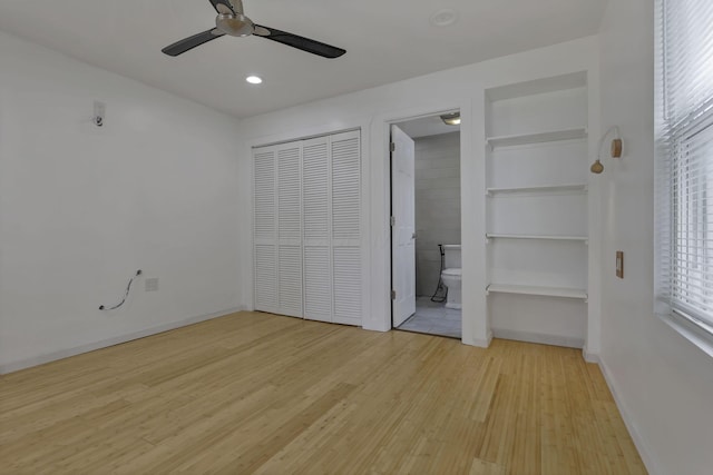 1808 Brentnell Ave, Columbus, OH 43219 - unfurnished bedroom with light wood finished floors, connected bathroom, a closet, ceiling fan, and recessed lighting