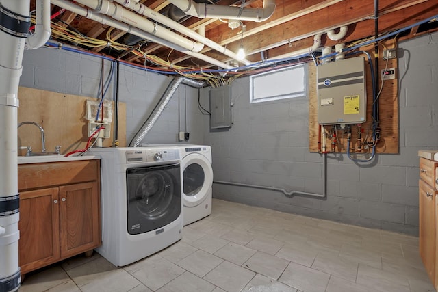 1808 Brentnell Ave, Columbus, OH 43219 - laundry room with washer and clothes dryer, electric panel, cabinet space, and water heater