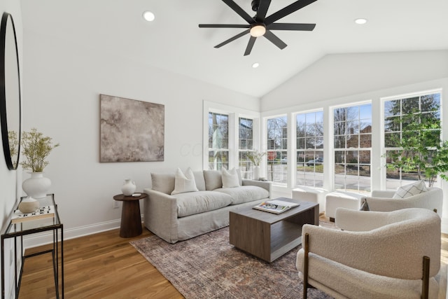 86 W N Broadway, Columbus, OH 43214 - living area featuring ceiling fan, wood finished floors, vaulted ceiling, and recessed lighting